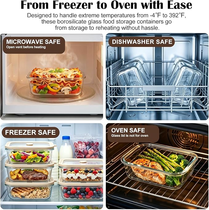 21 oz Glass Meal Prep Containers with Glass Lids, 6 Pack Plastic Free Glass Food Storage Containers, Airtight Glass Lunch Containers For Leftovers, Microwave, Oven, Freezer