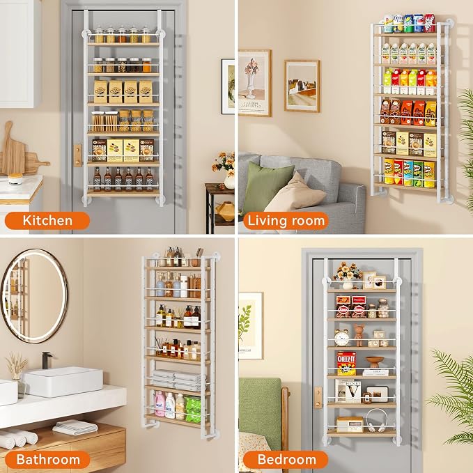 IBUYKE 6 Tier Over The Door Pantry Organizer,Wall Mounted Spice Rack,Door Hanging or Wall,Adjustable Hanging Storage Shelves,Spice Organization for Kitchen cabinet,Bathroom,Closet,Natural UTLJ028R