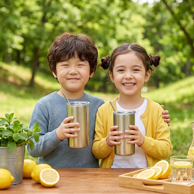 AGH 12OZ Sublimation Silver Tumbler with Lids and Straws 4Pack Stainless Steel Straight Skinny Tumblers for Kids Double Wall Insulated Cup for Water Juice and Travel.Great DIY Gift for Kids