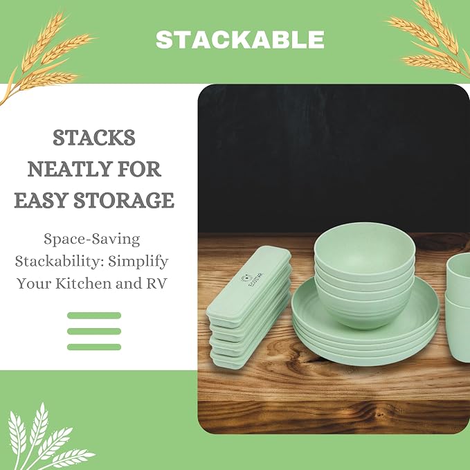 ECOSTAR Wheat Straw Dinnerware Sets Unbreakable Plates Bowls and Cups Reusable Utensils Dishwasher Microwave Safe Bowls and Plates Sets (Green)
