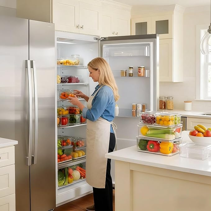 14 Pack Fridge Organizers and Storage, Clear Plastic Storage Bins with Lids , Stackable Food Containers with Drain Boards, Kitchen Organization and Storage, Produce Saver for Vegetables, Fruits, Meat
