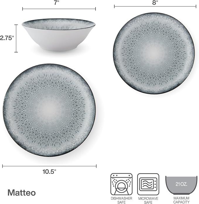 Mikasa Matteo 12 Piece Dinnerware Plate Bowl Set, Servie for 4, Gray