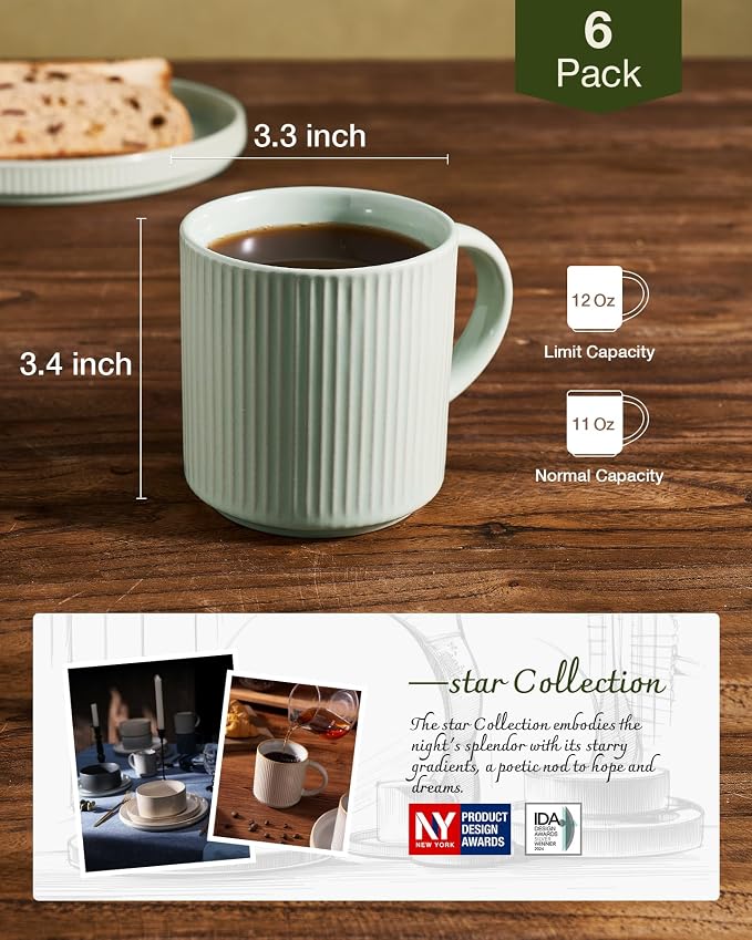 famiware Coffee Mug Set for 6, Star 12 oz Catering Mugs Cup Set with Handle for Coffee, Tea, Cocoa, Milk- Ceramic Stoneware Drinkware Set, Light Green