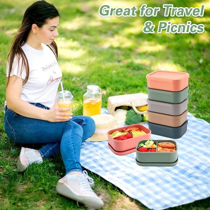 Honeydak 6 Pcs Silicone Bento Box for Adults, 3 Compartment Lunchable Food Container for Women Men, Leak Proof Microwave Dishwasher Freezer Safe (Classic Colors)
