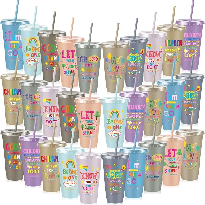 Uiifan 30 Pcs Morandi Christian Cups for Kids, Vacation Bible School Gifts 24oz Pastel Reusable Plastic Tumblers with Lids Straws, Neutral Bible Verse Party Cups for Sunday School, Classroom, Holiday