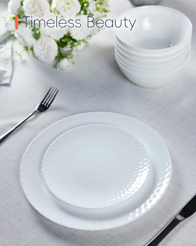 LaGlint Dinnerware Sets for 6, Light & Durable 18 Pieces Opal Glass Plates and Bowls Set, Dishwasher and Microwave Safe Ribbed Dish Dinning Ware, Thin but Strong Geometric Faceted White