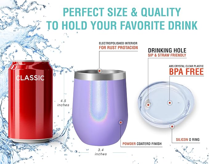 CHILLOUT LIFE 12 oz Stainless Steel Wine Tumbler with Lid - Double Wall Vacuum Insulated Wine Cup Glass Keeping Cold & Hot for Coffee, Champagne, Cocktails, Ice Cream - Purple Sparkle