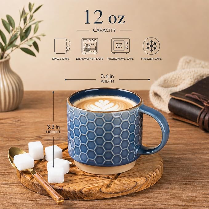 GBhome 12 OZ Stackable Coffee Mugs Set of 6, Ceramic Coffee Mugs with Texture Patterns for Man,Woman,Dad,Mom, Modern Coffee Cups for Latte/Cappuccino/Cocoa. Dishwasher&Microwave Safe