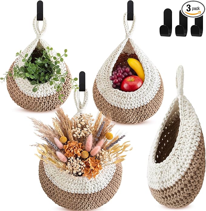 Honeydak Boho Decor Hanging Wall Baskets for Kitchen 3 Pack Teardrop Baskets with Hooks Storage Fruit Onion Vegetable Potato for Home 3 Sizes(White with Light Linen,Teardrop,Cotton Rope)