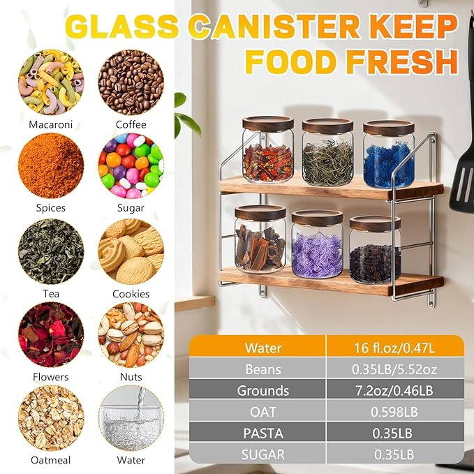 Glass Spice Jars Seasoning Containers Small Glass Jars with Lids Airtight Food Storage Canister for Kitchen Pantry Sugar Tea Coffee Bean Nuts Cookies Herbs Salt (473ml/16oz-1 pcs)