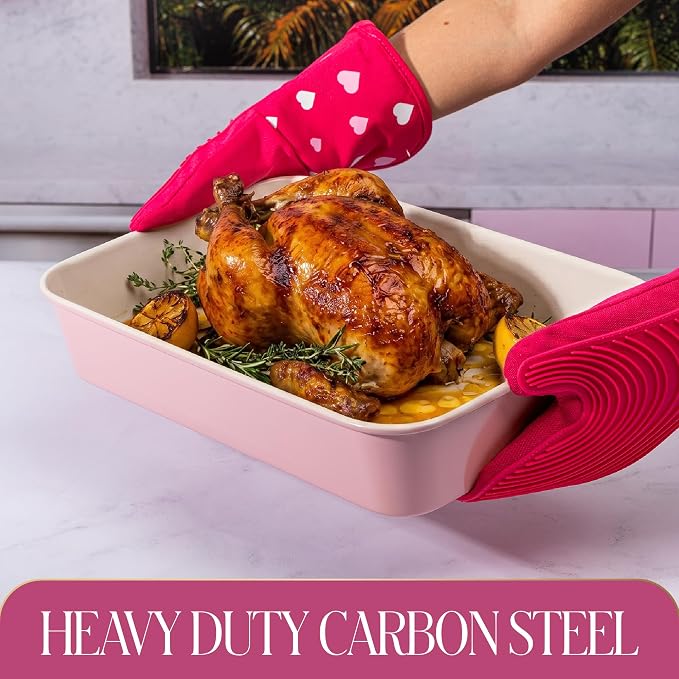 Paris Hilton 5-Piece Baking Pans Set, Nonstick Heart Pattern Bakeware Set with Heavy Duty Carbon Steel, Includes Square Pan, Round Pan, Loaf Pan, Roasting Pan & Cookie Sheet, 5-Piece, Pink