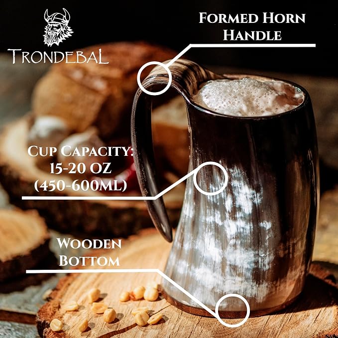 Viking Drinking Horn Mug - Unique Gifts for Men, 15-20 Oz Natural Ox Horn Cup & Cofee Stein | Cool Unique Gift for Brother or Dad, Home Decor Accessories | Shot Glasses for Beer, Ale, Mead, Whiskey