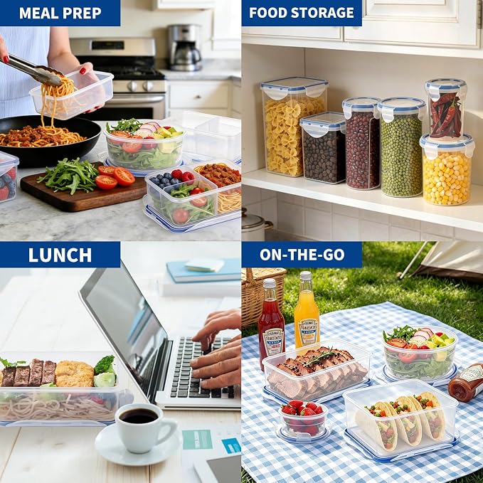 KIGI Airtight Food Storage Containers, Plastic Canisters & Jars for Kitchen Pantry Dry Food Organization, 4-Sided Locking Lid, Clear, 8-Piece, 0.75 Cup / 2.1 Cup / 3.6 Cup / 5.4 Cup