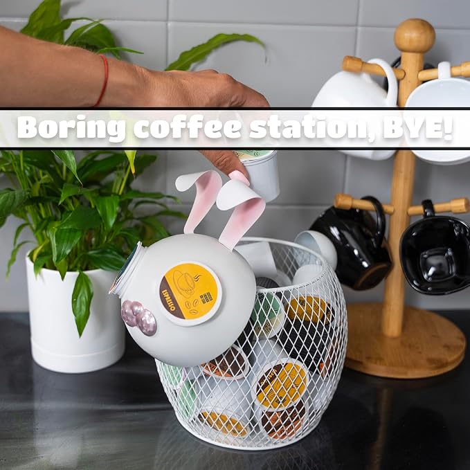 Made Easy Kit Coffee Pod Basket Organizer Useful Decor - Compatible with Keurig K-Cup Pods - Home Coffee Bar Functional Decoration - Café Station Countertop Freestanding Storage Accessory (WHT Bunny)