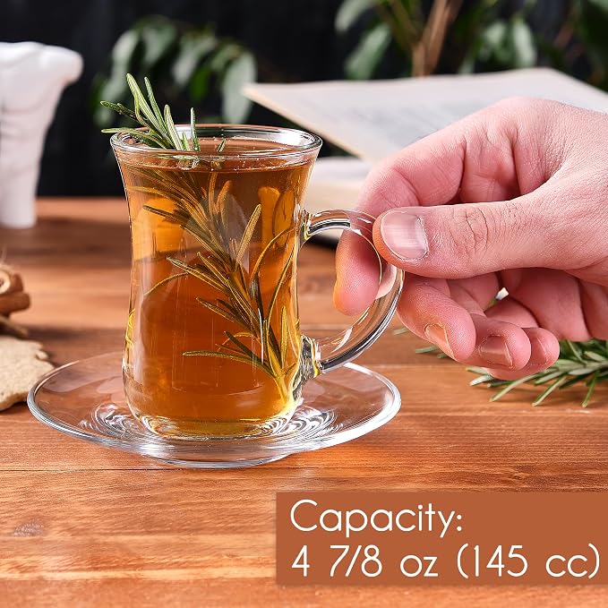 Volarium 4.9 oz (145 cc) Small Turkish Tea Set, 12 Piece Modern Turkish Tea Glasses & Saucers Set, 6 PCs Clear Glass Tea Cups with Handle and 6PCs Glass Saucers
