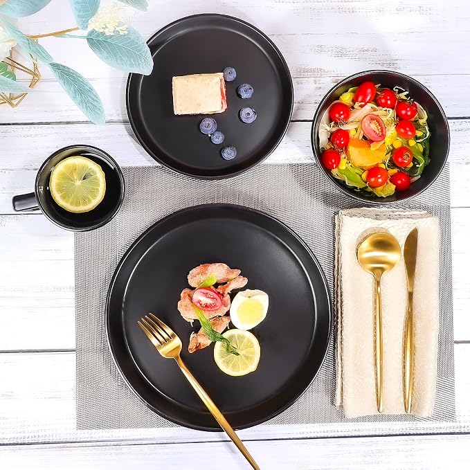 Plates and Bowls Sets, 16 Pieces Dinnerware Sets, Service For 4, Black