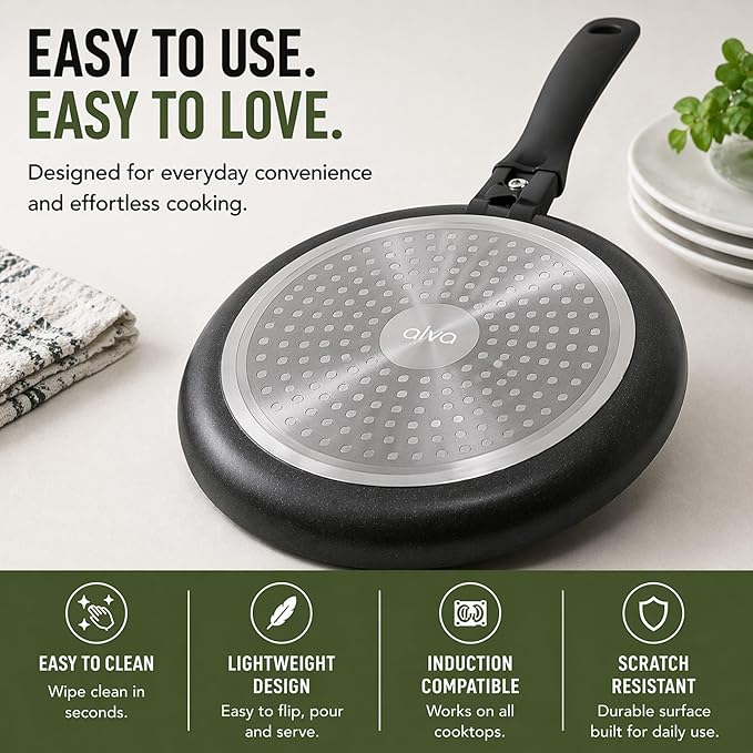 Alva Ceramic Nonstick Crepe Pan, 11 Inch Flat Griddle Pan for Crepes, Pancakes, Eggs & Tortillas, PFAS-Free Aluminum Frying Pan, Induction Compatible, Black