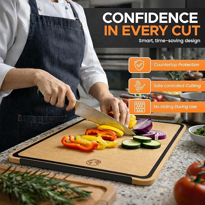 Earth’s Dreams Composite Wood Cutting Board 17” x 12” – Extra Large, Non-Toxic, Dishwasher Safe, Knife-Friendly, Heavy-Duty Kitchen & Charcuterie Board (Tan/Black)