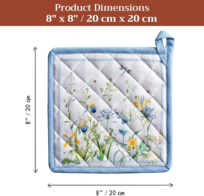 Maison d' Hermine Pot Holders 100% Cotton Heat Resistant Potholders 8" x 8" Hot Pads with Loop BBQ Cooking Baking Gifts for Mothers Day Handling Hot Pans Spring/Summer (Pack of 2, Fleurs De Mai)