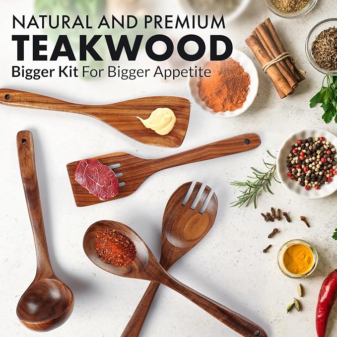 Zulay Kitchen Extra-Large 5-Piece Wooden Spoon Set - Smooth Teak Cooking Utensils - Comfort-Grip Non-Stick Turner, Spatula, Skimmer, Fork, Serving Spoon