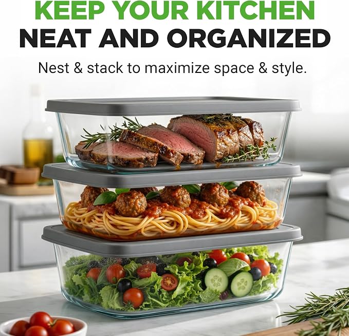 NutriChef 6 Piece Glass Loaf Pans for Baking Bread - 7.6 Cups Stackable Glass Bread Loaf Pan - 3 loaf Pan with 3 Lids - Oven & Microwave Safe, Dishwasher Safe - Clear