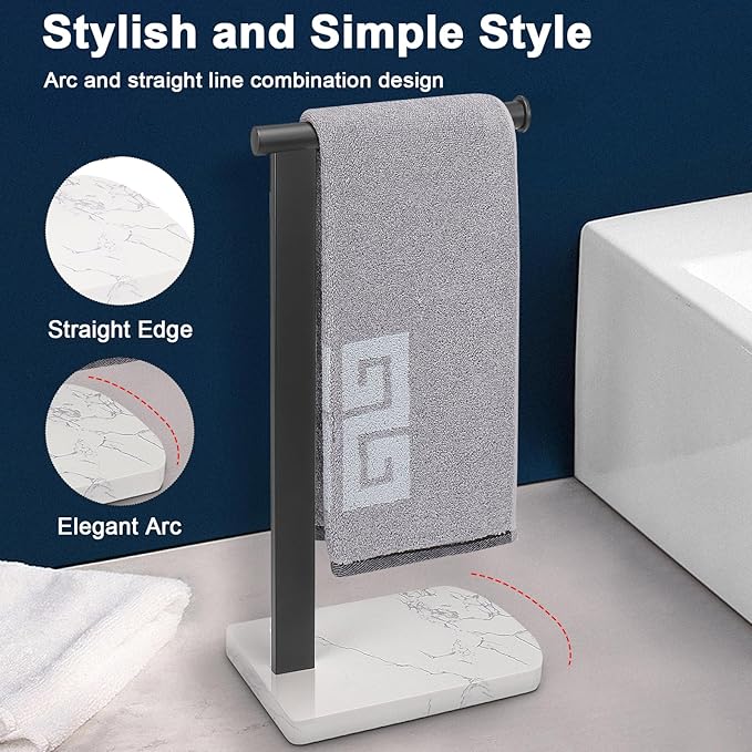 NearMoon Hand Towel Holder with Balanced Marble Base, 304 Stainless Steel Stand Towel Ring L Shape Hand Towel Rack Free-Standing Towel Bar for Bathroom Kitchen Countertop (Single Rod, Matte Black)