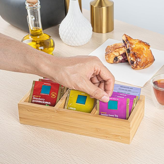 Restaurantware-9.5 x 4.25 x 2 Inch Coffee Condiment Organizer, 1 Rectangle Creamer Organizer - 3 Compartments, Break-Resistant, Bamboo Coffee Accessory Caddy, Won't Chip, For Tea And Sugar Packets