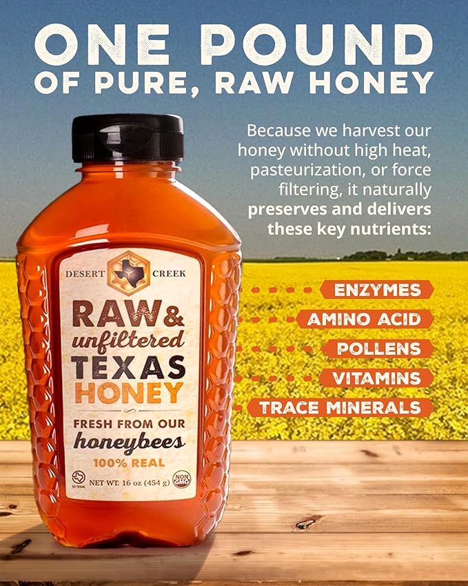 Desert Creek Honey - 100% Unfiltered, Pure, Raw Honey from Texas - Natural Sugar Substitute - One Pound of Unprocessed, Unpasteurized American Honey - Harvested by Our Own Beekeepers