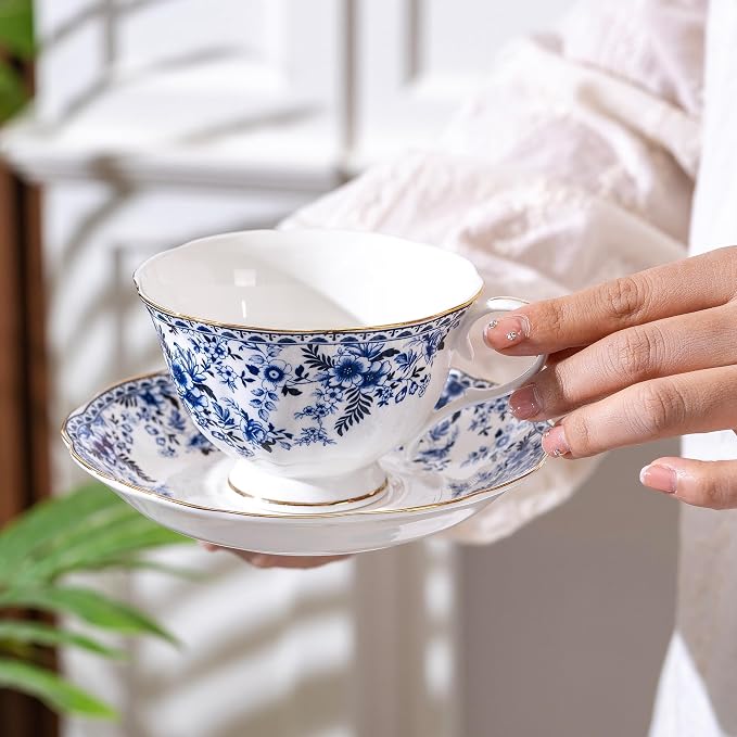 fanquare Porcelain Tea Cup and Saucer with Gold Trim, 8 oz Blue Floral British Coffee Cup with Spoon for Women Tea Parties
