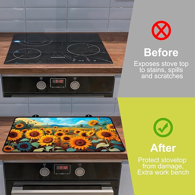 Glass stove top cover 28"x 20", Stove Top Covers for Electric Stove, Flat Range Mat for Glass Cooktop, Kitchen Heat-Resistant Protector Non-Slip Drying Mat (Sunflower)