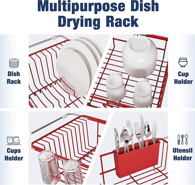 JASIWAY Red in Sink Dish Drying Rack, Expandable Stainless Steel Small Dish Rack Over Kitchen Sink, Plate Drainer Strainer with Utensil Holder & Cup Holders, Counter Space Saving Wire Dryer Rack