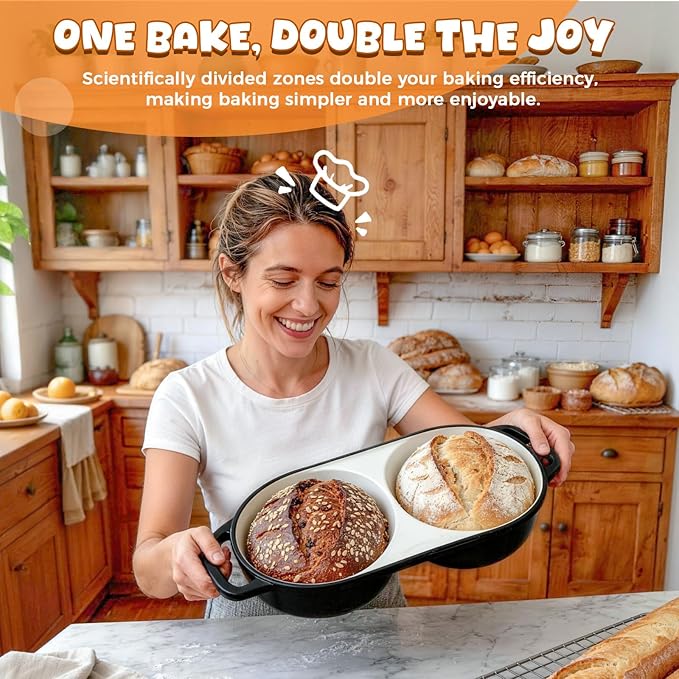 Mini Double Dutch Oven for Sourdough Bread Baking, 2.2QT (Black) | Enamelled Cast Iron Bread Pan with Lid, Double Round Loaf Space, 16.5cm Diameter, Mini Double Dutch Oven for Homemade Baking