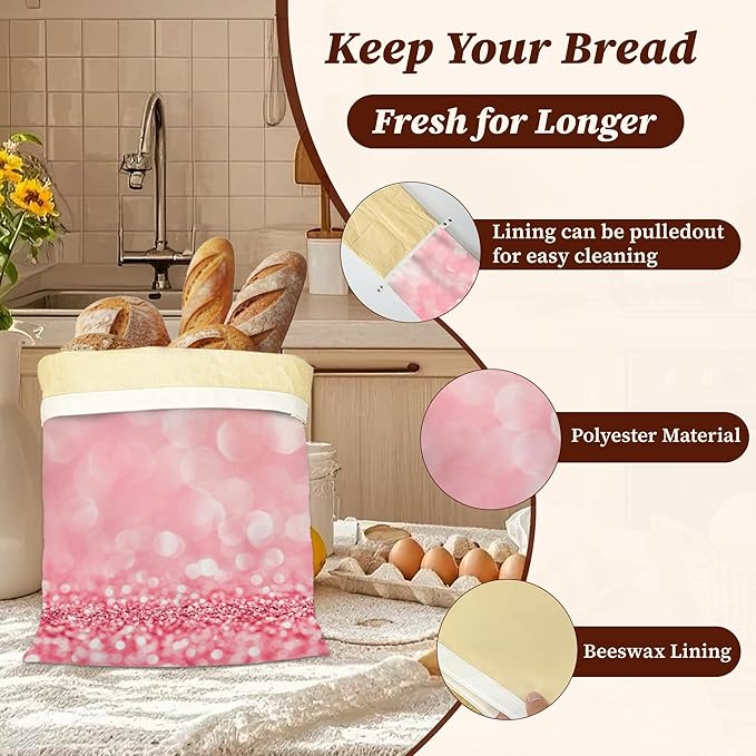 Bread Bags for Homemade Bread, Pink Glitter 2 Pack Linen and Beeswax Sourdough Storage Bags, Reusable Keeper, Keeps Breads Fresh Longer, Gifts for Bakers