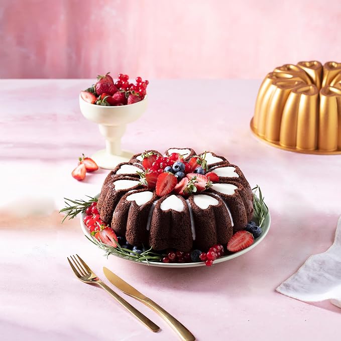 Heart Shape Cast Aluminum Molded Cake Pan, Titanium Coating, Non-Stick, 12 Cups, 10 Inch Pound Pan intended for Bundt Cakes, Gifts for Mom, Fluted Tube, Easy to Clean (3-Pack, Gold-Black-Red)