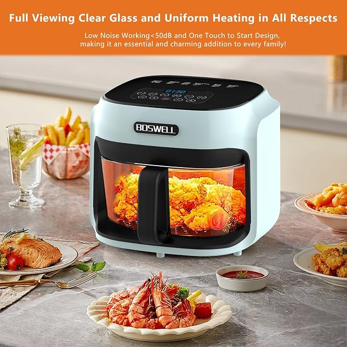 7.5 QT Glass Air Fryer, Transparent Fry Bowl, Circulating Heating & Temperature Control, Stainless Steel Interior, Dishwasher Safe, Green