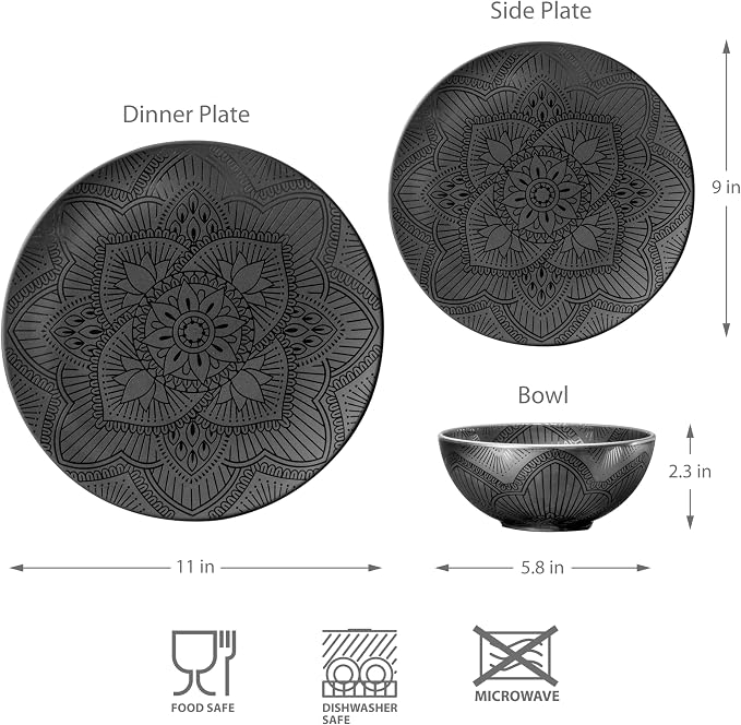bzyoo 12 Piece Black Melamine Dinnerware Set - Durable, Dishwasher Safe Black Plates and Bowls - Ideals for Parties, Camping Dish Set La La Mandala