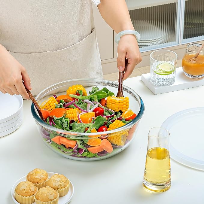 NUTRIUPS 6 QT Large Glass Mixing Bowl with Lid, Large Glass Mixing Bowl for Sourdough, Big Glass Bowls for Salad (White)