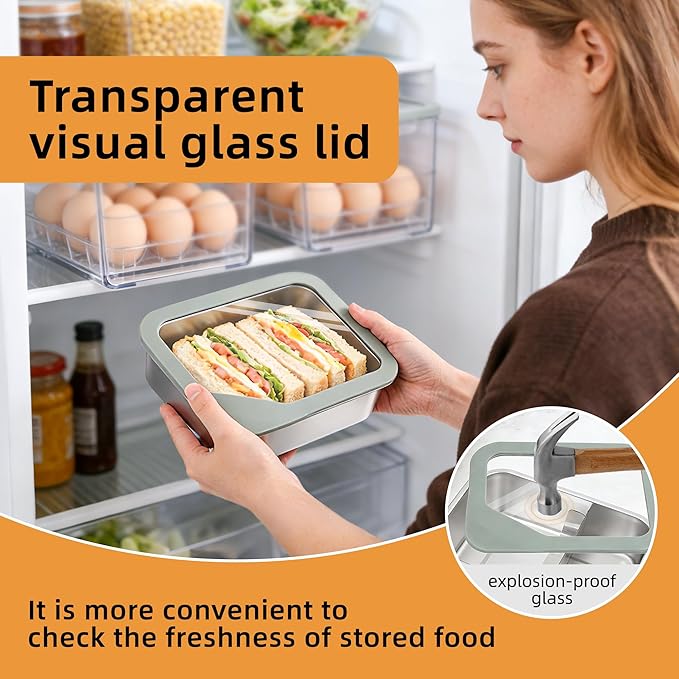 Stainless Steel Bento Box for Kids Adults, 1200ml/40oz with Removable Divider, Airtight Leak Proof Glass Lid, Freezer & Dishwasher Safe Lunch Box (40.58oz)