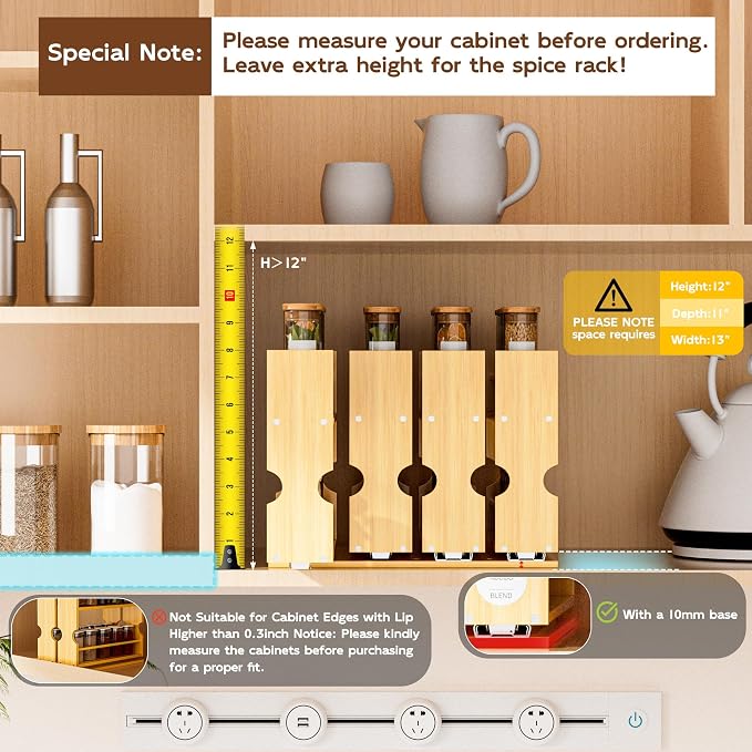 Jolitac Bamboo Pull Out Spice Rack for Cabinet, Slide Out Drawers | 1.85" Wide Drawers, Space-Saving Vertical Organization, Easy to Install, 9.1" Wide, 3 Drawers, 2-Tier