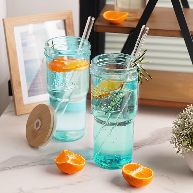 ANOTION Colored Glass Cups with Lids and Straws - 24oz Travel Coffee Mug Wide Mouth Mason Jar Iced Coffee Cup Smoothie Cup Glass Tumbler Tea Cup Clear Cute Water Cups Colorful Drinking Glasses
