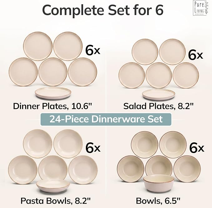 Stoneware dinnerware set 6 persons Rustic 24 pcs - High quality Mediterranean stoneware dinnerware set - bowl and plate set - dinner service 6 persons - Pure Living dinnerware sets in beige