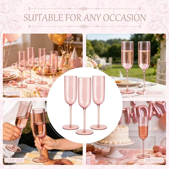 Plastic Champagne Flutes Set, 6oz Unbreakable Champagne Glasses Bulk, Shatterproof Reusable Mimosa Prosecco Sparkling Wine Cups for Wedding Party (Rose Gold, 12pcs)