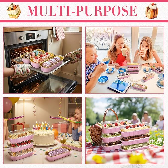 Qunclay 200 Pcs Aluminum Foil Mini Loaf Pans with Lids 6.8 oz Disposable Mini Cake Pan with Lid Rectangle Baking Cups for Party Muffin Cheesecake Ramekins(Pink, Gold)