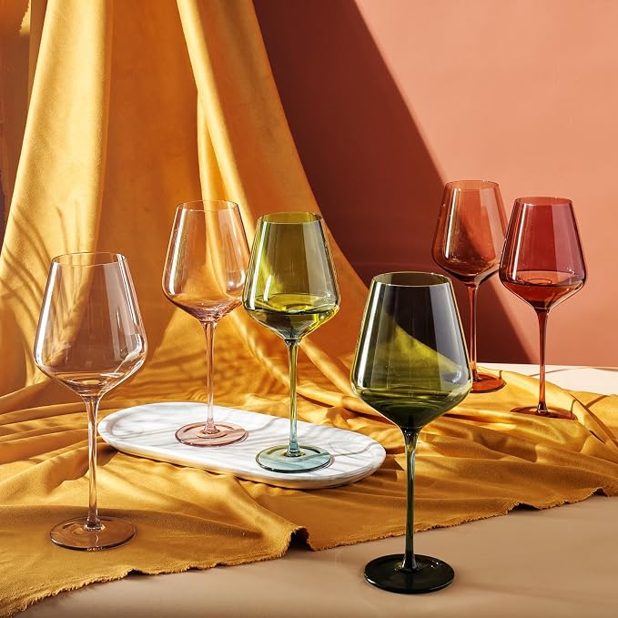 Colored Crystal Wine Glasses Set of 6, Gift Wife, Her, Mom, Friend - Large 18.5oz Glass, Italian Style Tall Stemmed Drinkware, Long Stem Wines, Dinner, Color Beautiful Glassware, Luxury, Hand-Blown