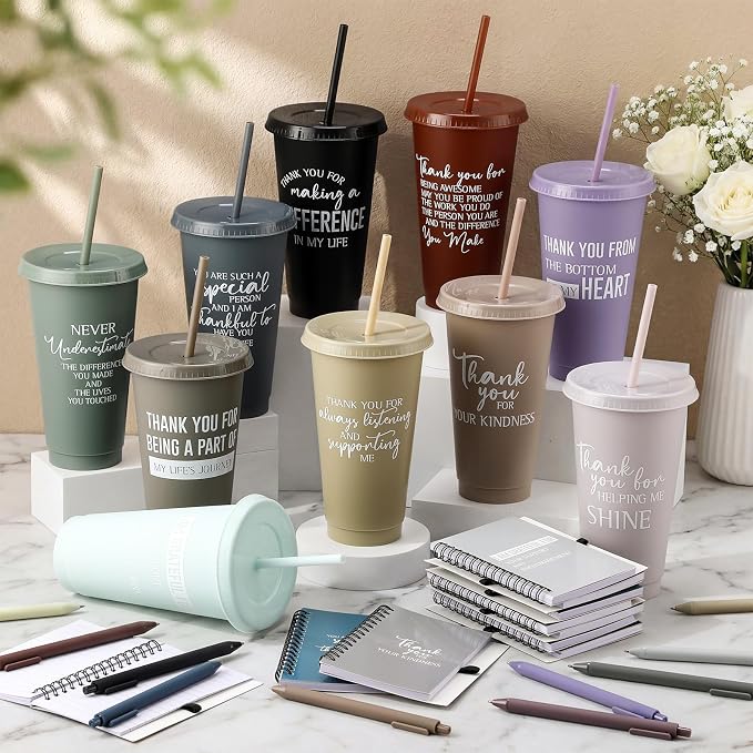 Shellwei 60 Pcs Employee Appreciation Gifts Bulk 24 oz Thank You Tumbler with Lid and Straw Mini Spiral Notebooks and Pens Appreciation Gifts for Team Employee Coworkers Teacher (Thanks)