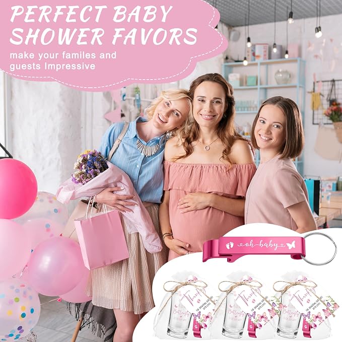 50 Sets Baby Shower Favor for Guests Acrylic Shot Glasses with Bottle Opener Keychains Thank You Tags and Bags Gender Reveal Party Favors for Guest Baby Shower Return Gift (Butterfly)