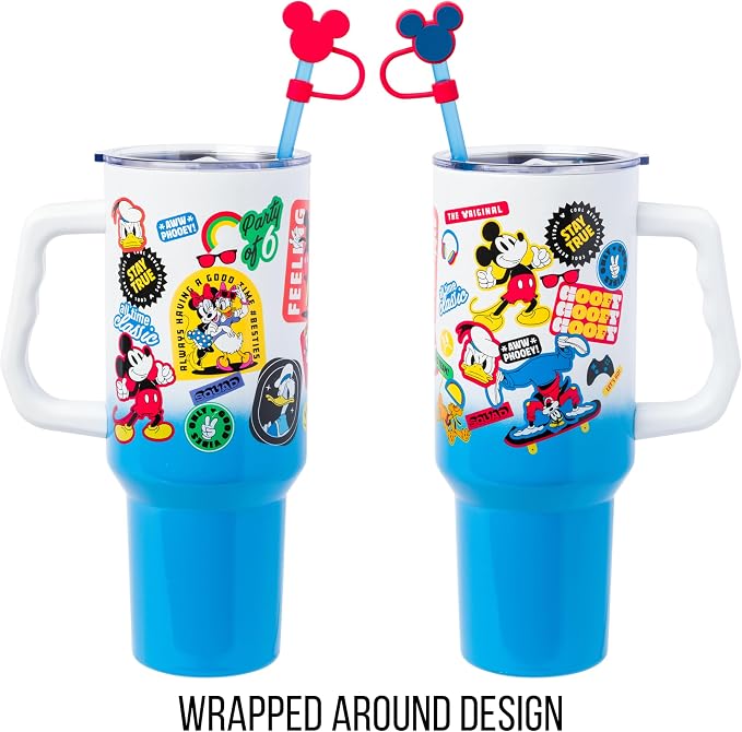 Silver Buffalo Disney Mickey and Friends Featuring Donald Duck, Daisy Duck, Minnie Mouse, Mickey Mouse, Goofy, and Pluto Stainless Steel Tumbler with Straw Cover, Lid, Straw, and Handle, 40 Ounces