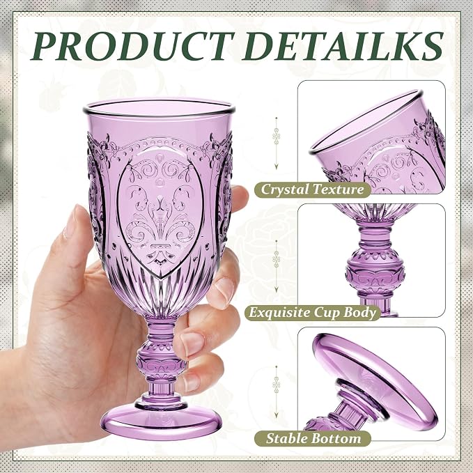 Wiwiqing 6 Pcs Plastic Goblets 7.5oz Vintage Goblet Plastic Wine Glasses Colored Retro Embossed Water Goblets for Wine Bar Juice Baby Shower Wedding Reception Grand Event Party (Purple)