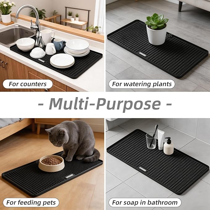 Silicone Dish Drying Mat for Kitchen Countertop, Non-Slip Sink Draining Mat with Raised Ridges, Heat Resistant Absorbent Drying Pad for Dishes, Glasses, Cookware, Easy to Clean Counter Protector
