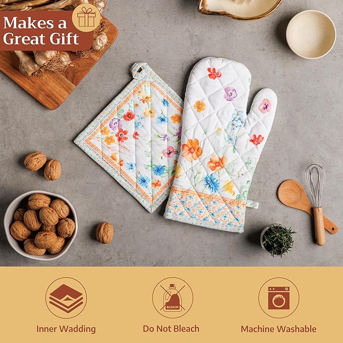Maison d'Hermine Oven Gloves 100% Cotton Oven Mitt 7" x 13" with Loop Heat Resistant BBQ Cooking Gloves Baking Grilling Gifts for Mothers Day Spring/Summer (Pack of 1, Summer Whisper)